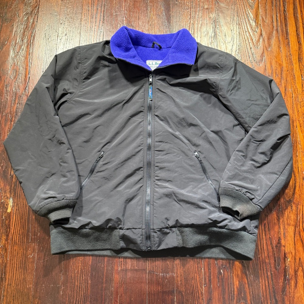 Vintage LL Bean Warm Up Jacket Mens XL Black Blue Fleece Lined Bomber USA Made